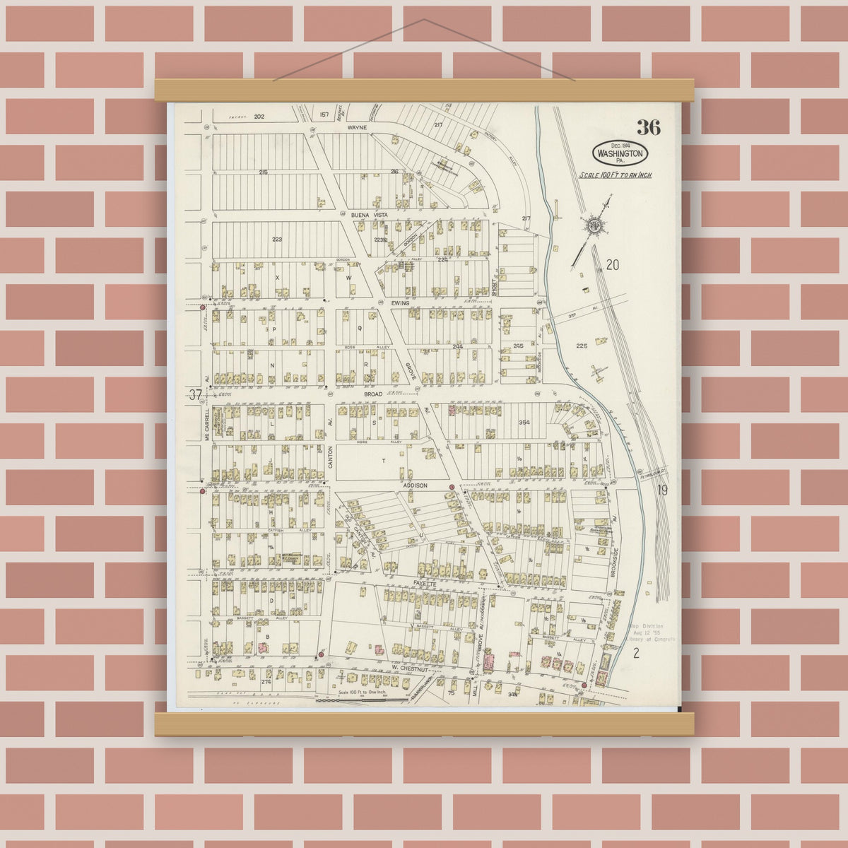 Old map wall art mockup — magnetic wood frame on brick wall — Sanborn Fire Insurance Map from Washington, Washington County, Pennsylvania (1914), Sheet #0036