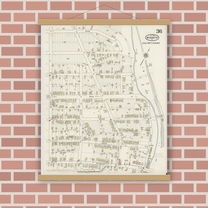 Old map wall art mockup — magnetic wood frame on brick wall — Sanborn Fire Insurance Map from Washington, Washington County, Pennsylvania (1914), Sheet #0036