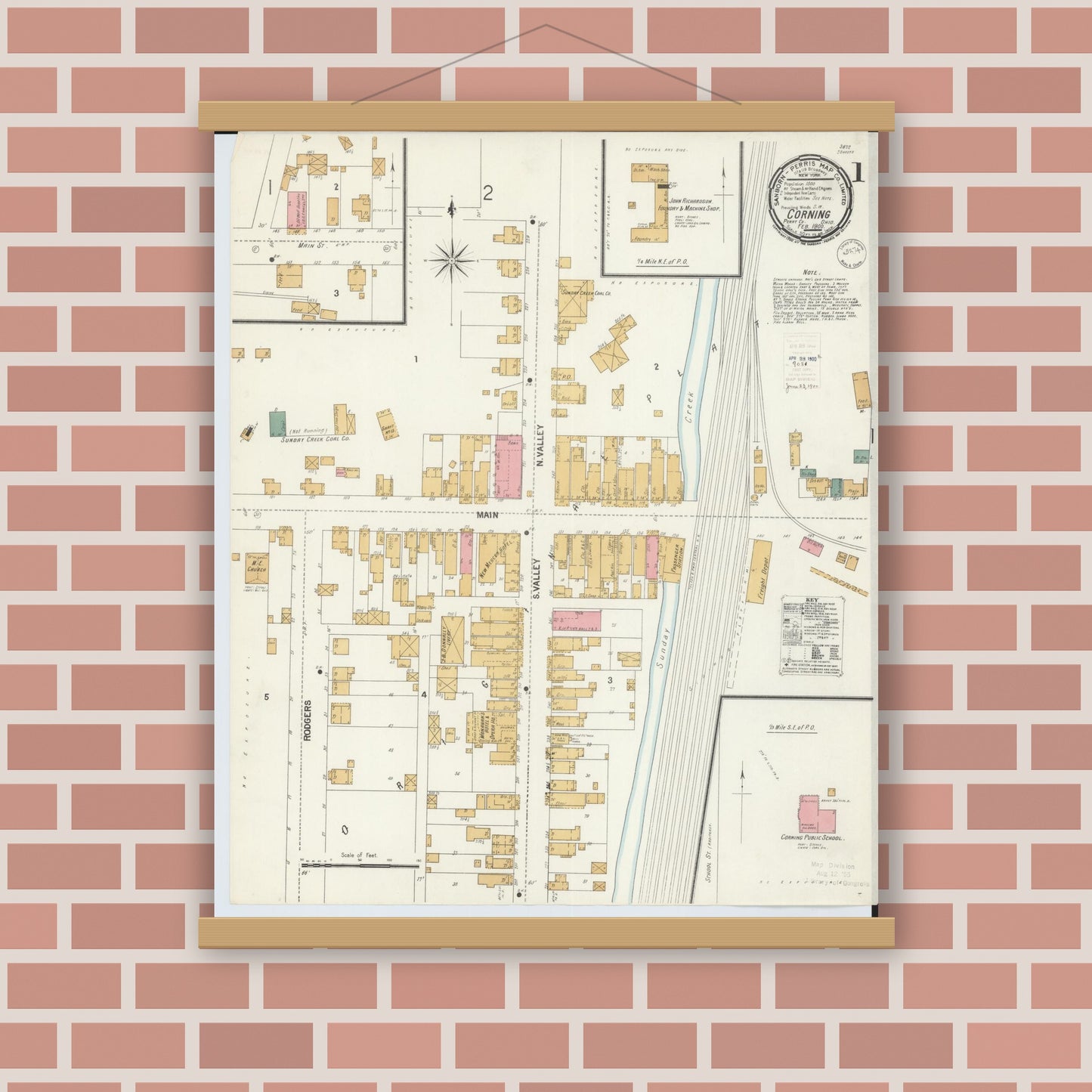 Old map wall art mockup — magnetic wood frame on brick wall — Sanborn Fire Insurance Map from Corning, Perry County, Ohio (1900), Sheet #0001