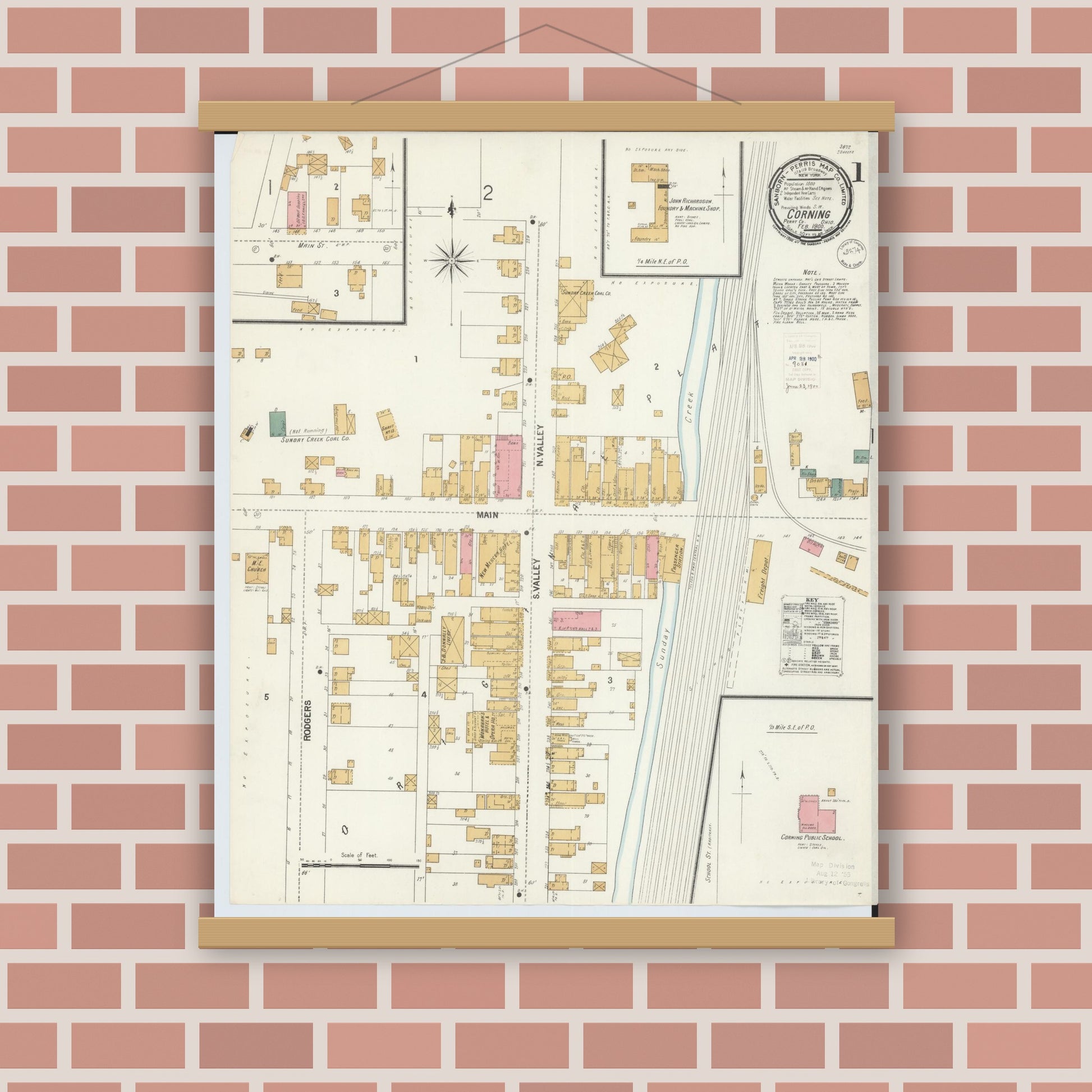 Old map wall art mockup — magnetic wood frame on brick wall — Sanborn Fire Insurance Map from Corning, Perry County, Ohio (1900), Sheet #0001