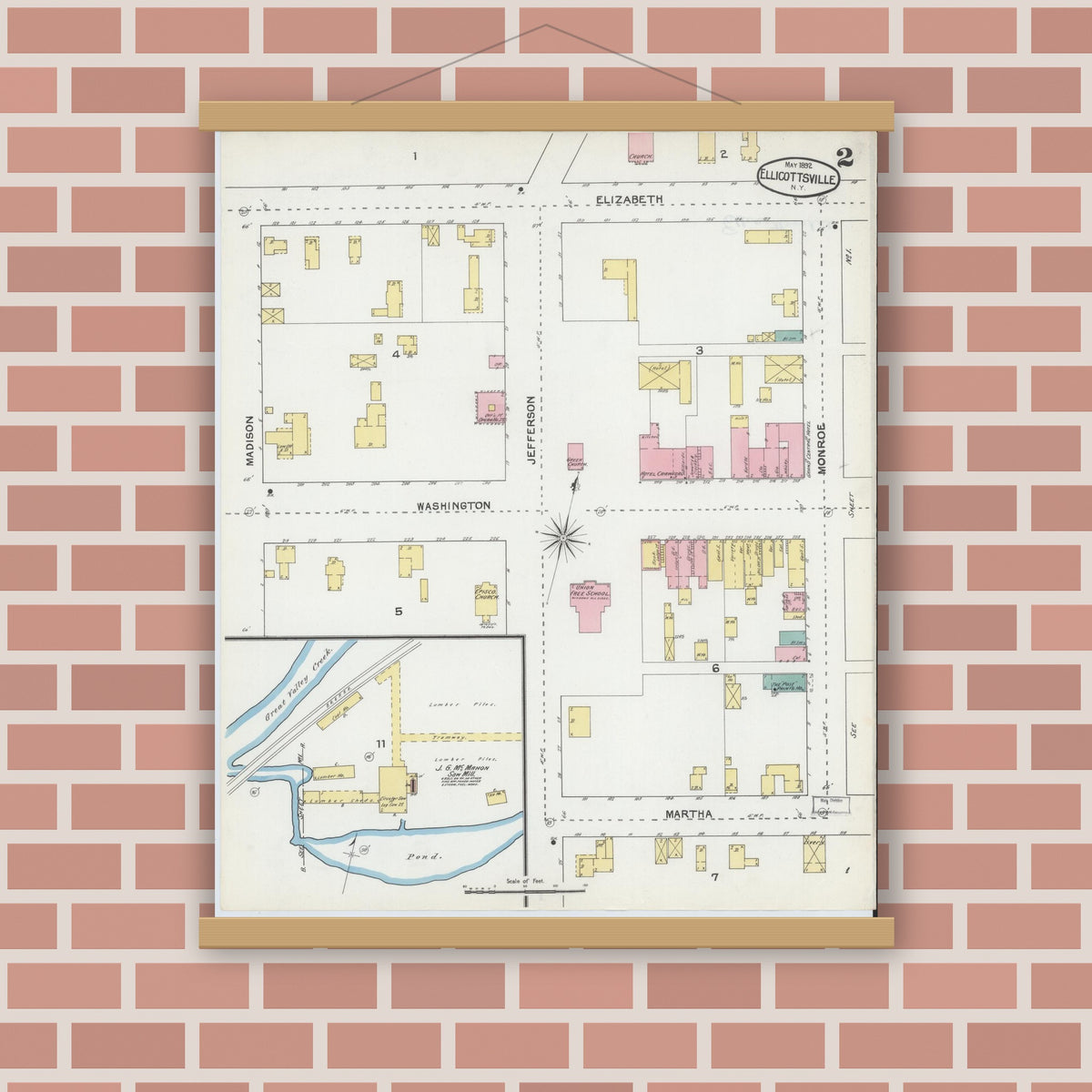 Old map wall art mockup — magnetic wood frame on brick wall — Sanborn Fire Insurance Map from Ellicottville, Cattaraugus County, New York (1892), Sheet #0002