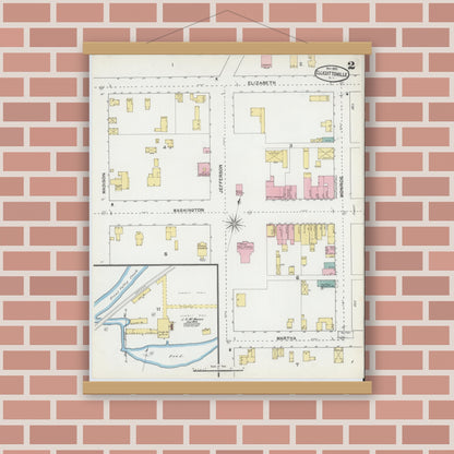 Old map wall art mockup — magnetic wood frame on brick wall — Sanborn Fire Insurance Map from Ellicottville, Cattaraugus County, New York (1892), Sheet #0002