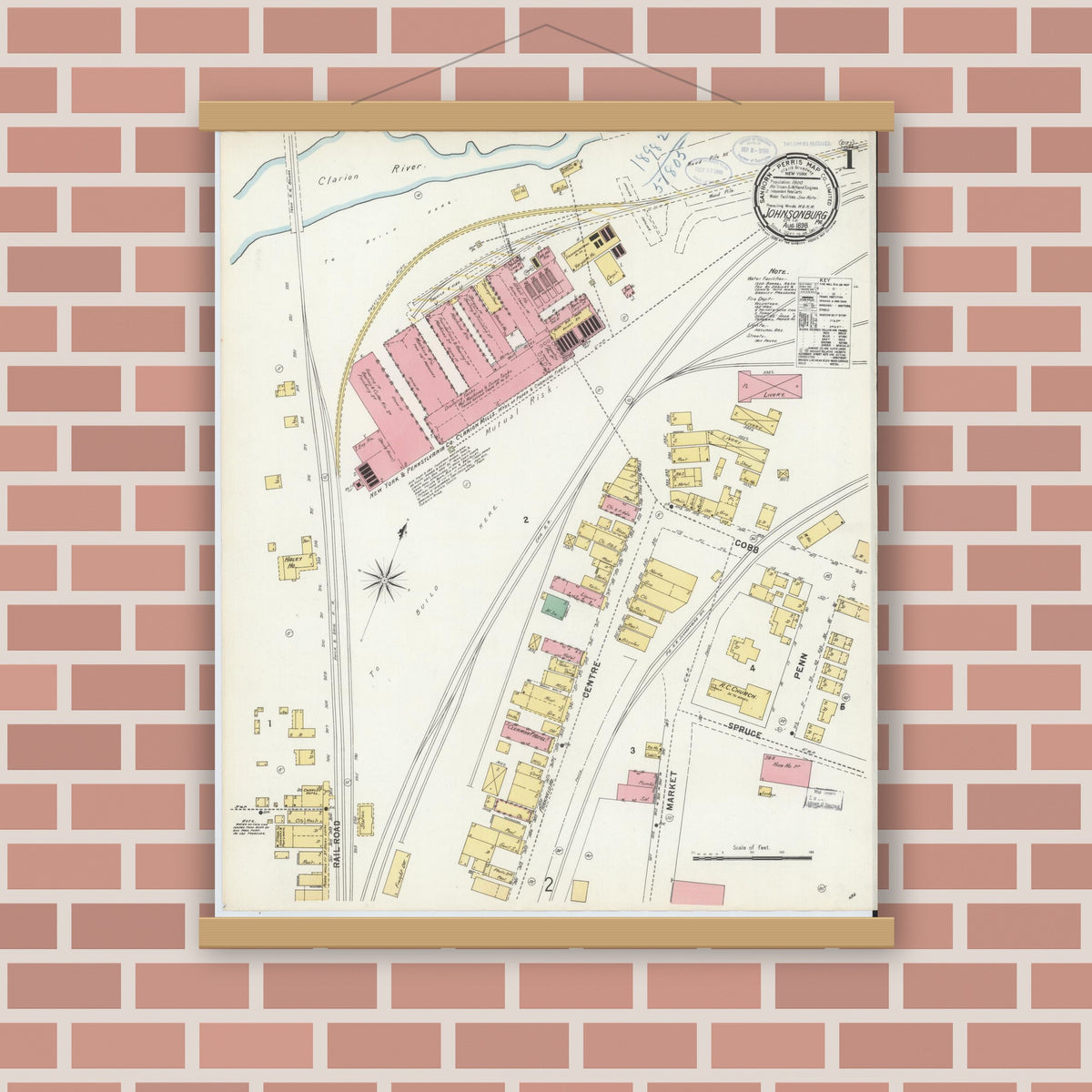 Old map wall art mockup — magnetic wood frame on brick wall — Sanborn Fire Insurance Map from Johnsonburg, Elk County, Pennsylvania (1898), Sheet #0001
