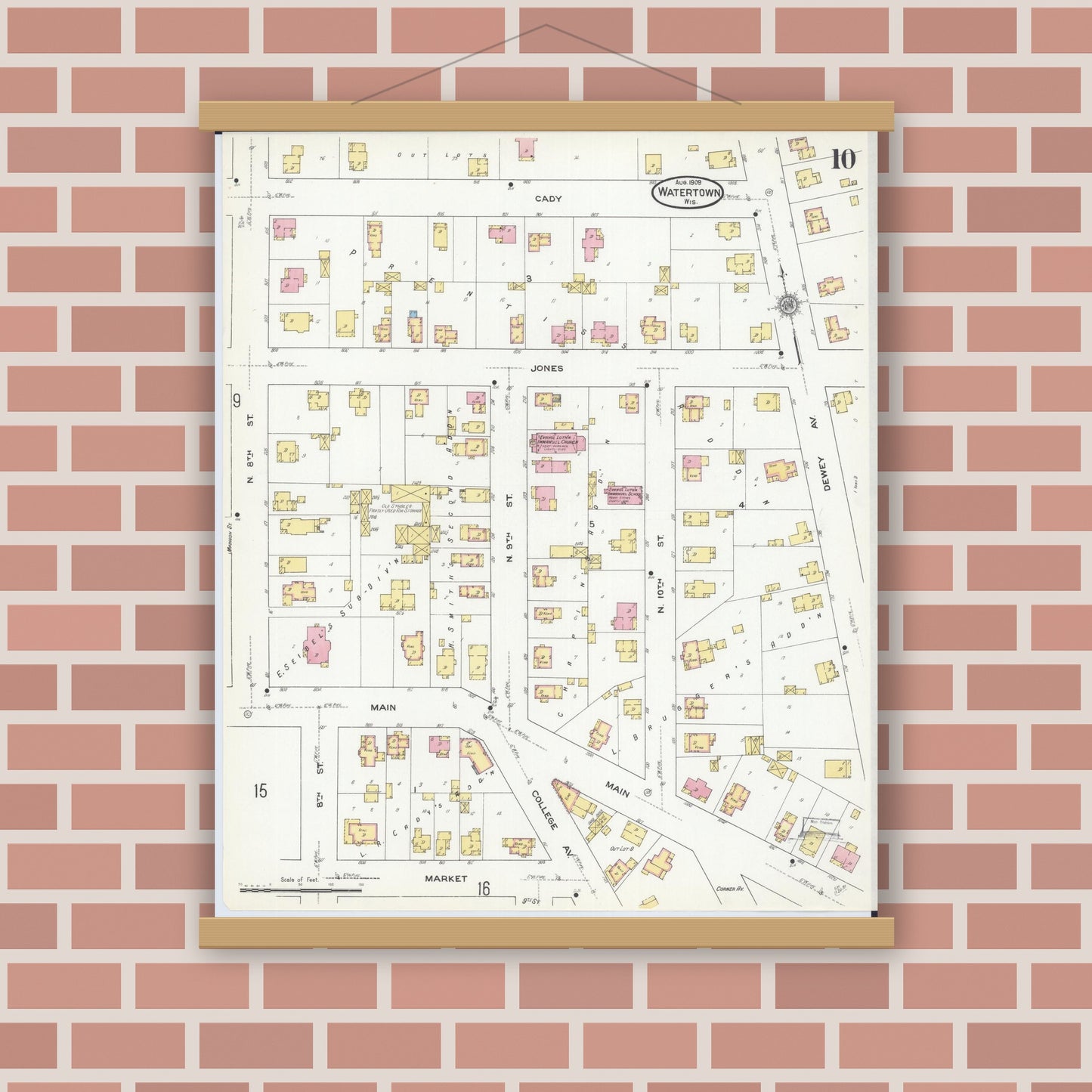Old map wall art mockup — magnetic wood frame on brick wall — Sanborn Fire Insurance Map from Watertown, Jefferson County, Wisconsin (1909), Sheet #0010
