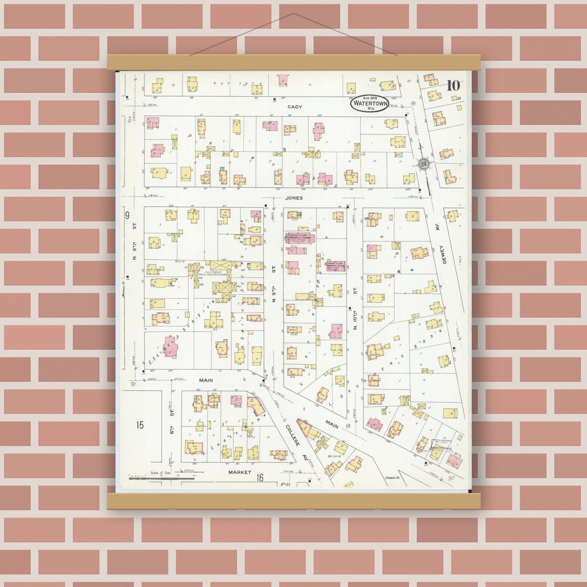 Old map wall art mockup — magnetic wood frame on brick wall — Sanborn Fire Insurance Map from Watertown, Jefferson County, Wisconsin (1909), Sheet #0010