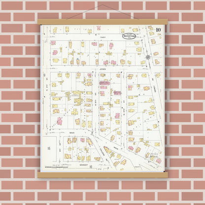 Old map wall art mockup — magnetic wood frame on brick wall — Sanborn Fire Insurance Map from Watertown, Jefferson County, Wisconsin (1909), Sheet #0010
