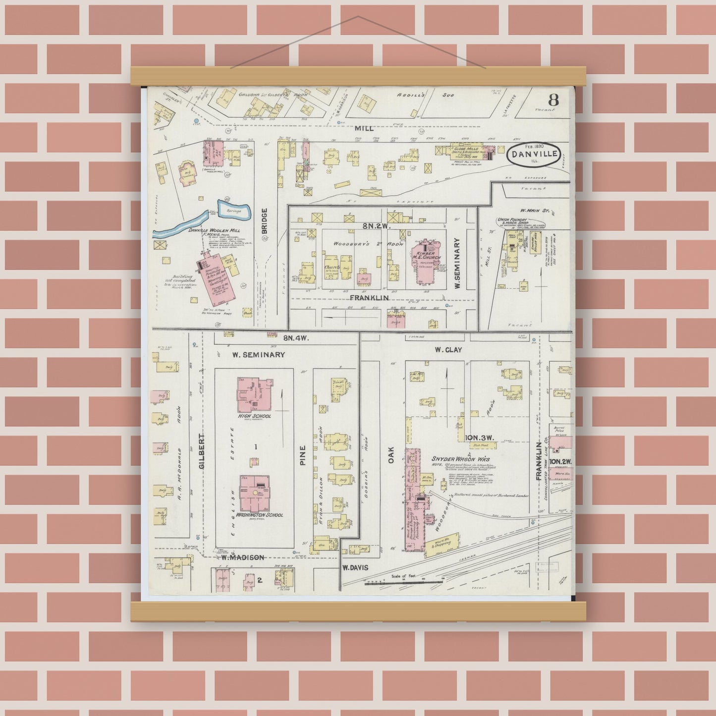 Old map wall art mockup — magnetic wood frame on brick wall — Sanborn Fire Insurance Map from Danville, Vermilion County, Illinois (1890), Sheet #0008