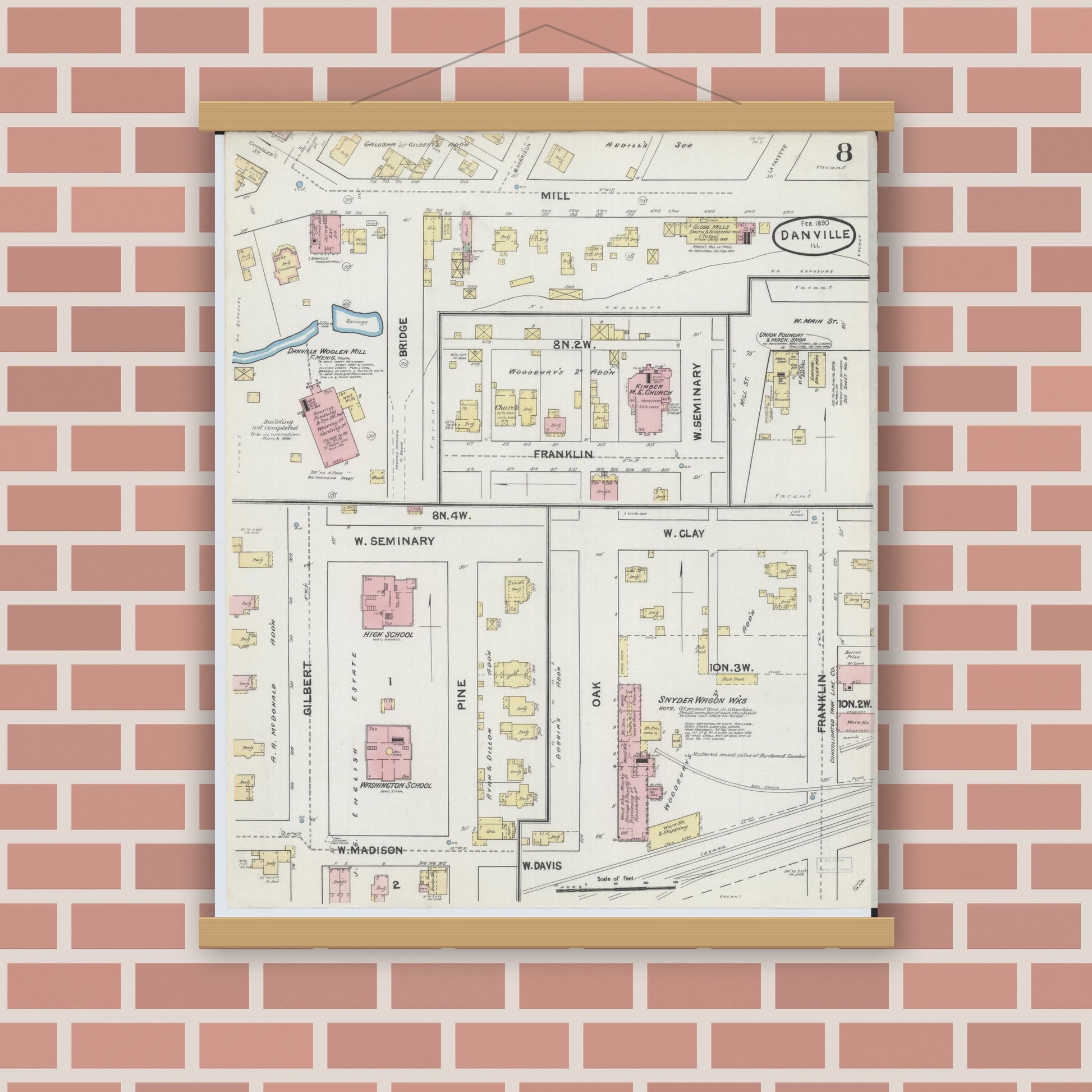 Old map wall art mockup — magnetic wood frame on brick wall — Sanborn Fire Insurance Map from Danville, Vermilion County, Illinois (1890), Sheet #0008
