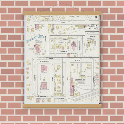 Old map wall art mockup — magnetic wood frame on brick wall — Sanborn Fire Insurance Map from Danville, Vermilion County, Illinois (1890), Sheet #0008
