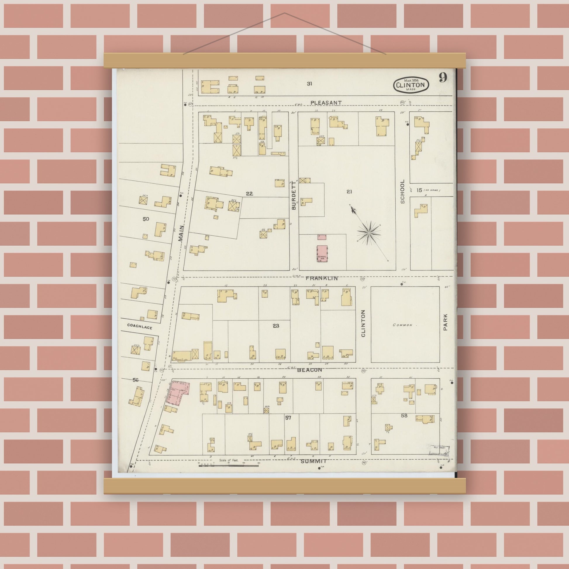 Old map wall art mockup — magnetic wood frame on brick wall — Sanborn Fire Insurance Map from Clinton, Worcester County, Massachusetts (1894), Sheet #0009