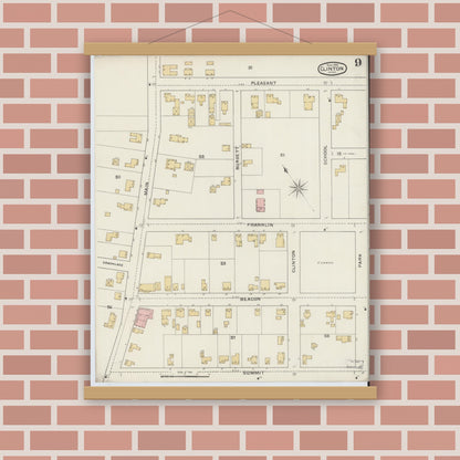 Old map wall art mockup — magnetic wood frame on brick wall — Sanborn Fire Insurance Map from Clinton, Worcester County, Massachusetts (1894), Sheet #0009