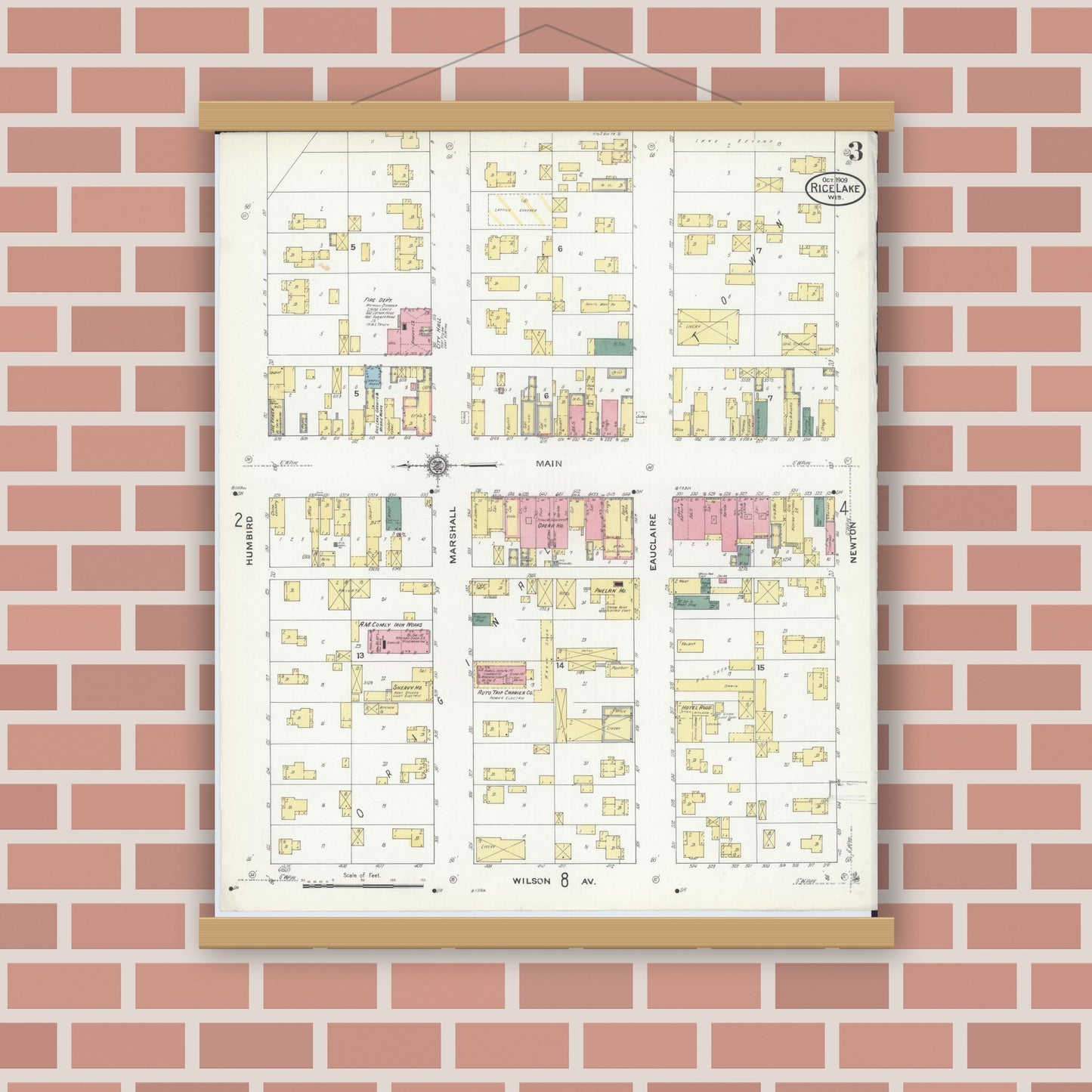 Old map wall art mockup — magnetic wood frame on brick wall — Sanborn Fire Insurance Map from Rice Lake, Barron County, Wisconsin (1909), Sheet #0003