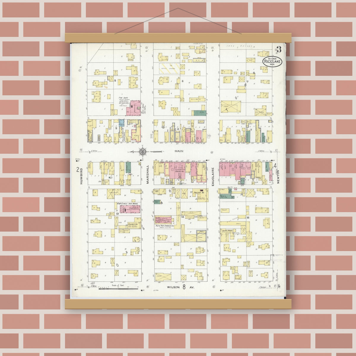 Old map wall art mockup — magnetic wood frame on brick wall — Sanborn Fire Insurance Map from Rice Lake, Barron County, Wisconsin (1909), Sheet #0003