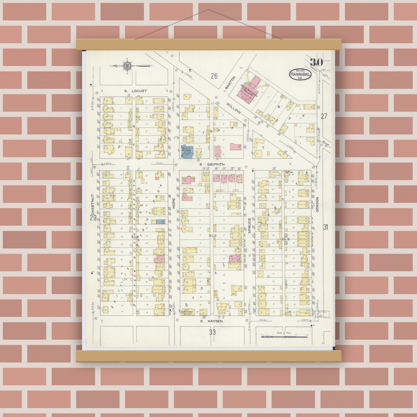Old map wall art mockup — magnetic wood frame on brick wall — Sanborn Fire Insurance Map from Hannibal, Marion County, Missouri (1913), Sheet #0030