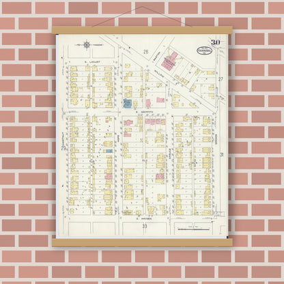 Old map wall art mockup — magnetic wood frame on brick wall — Sanborn Fire Insurance Map from Hannibal, Marion County, Missouri (1913), Sheet #0030