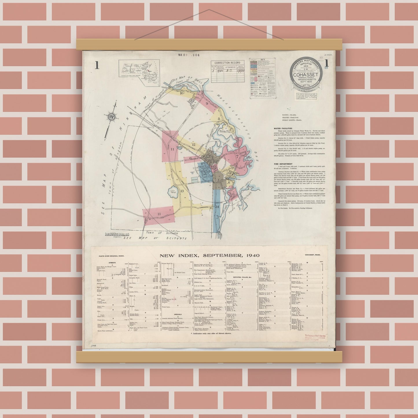 Old map wall art mockup — magnetic wood frame on brick wall — Sanborn Fire Insurance Map from Cohasset, Norfolk County, Massachusetts (1940) - Complete Map Set