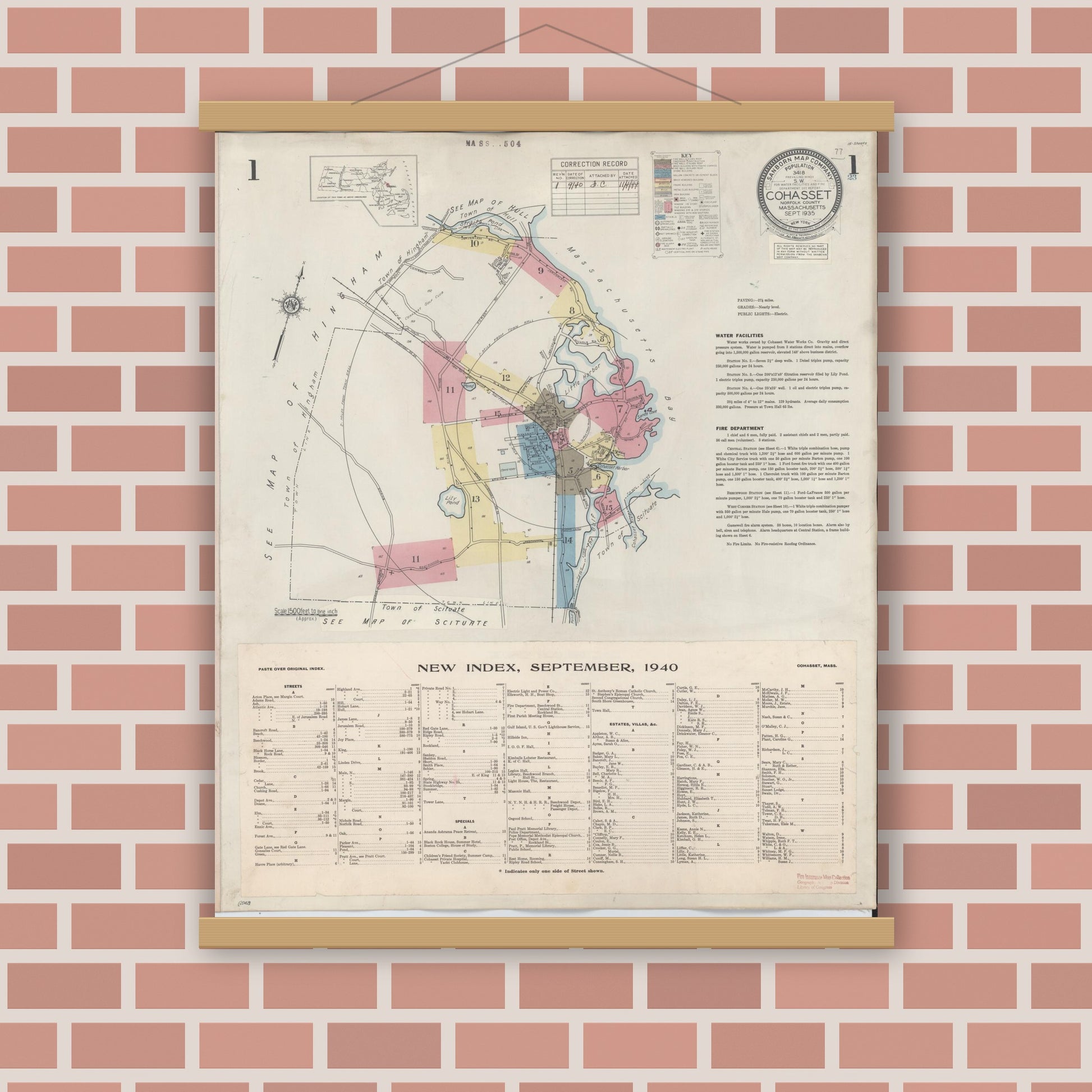 Old map wall art mockup — magnetic wood frame on brick wall — Sanborn Fire Insurance Map from Cohasset, Norfolk County, Massachusetts (1940) - Complete Map Set