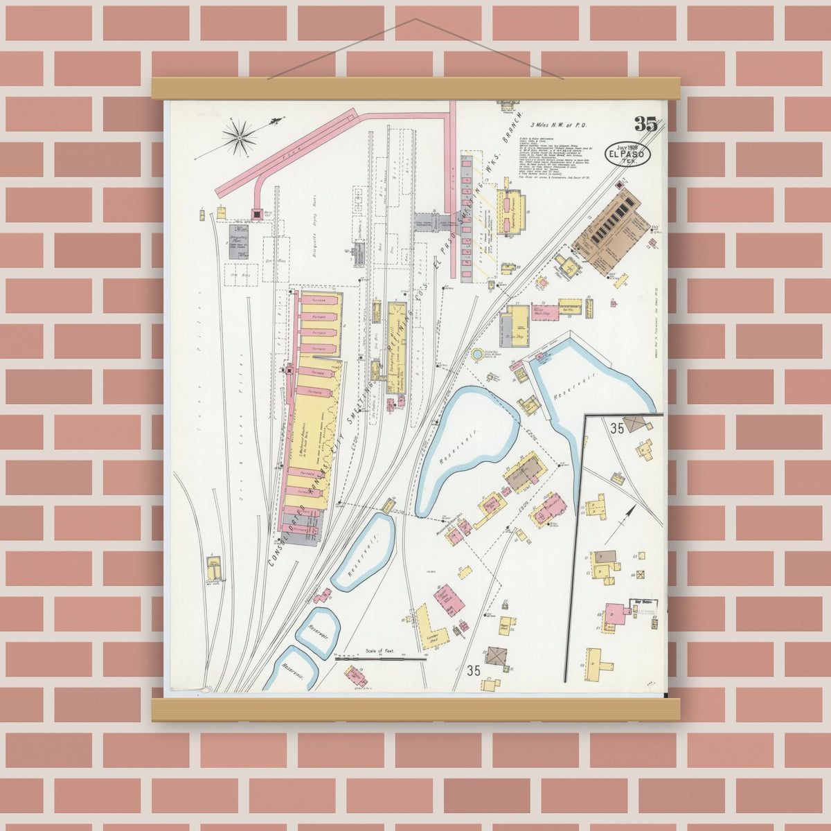 Old map wall art mockup — magnetic wood frame on brick wall — Sanborn Fire Insurance Map from El Paso, El Paso County, Texas (1905), Sheet #0035