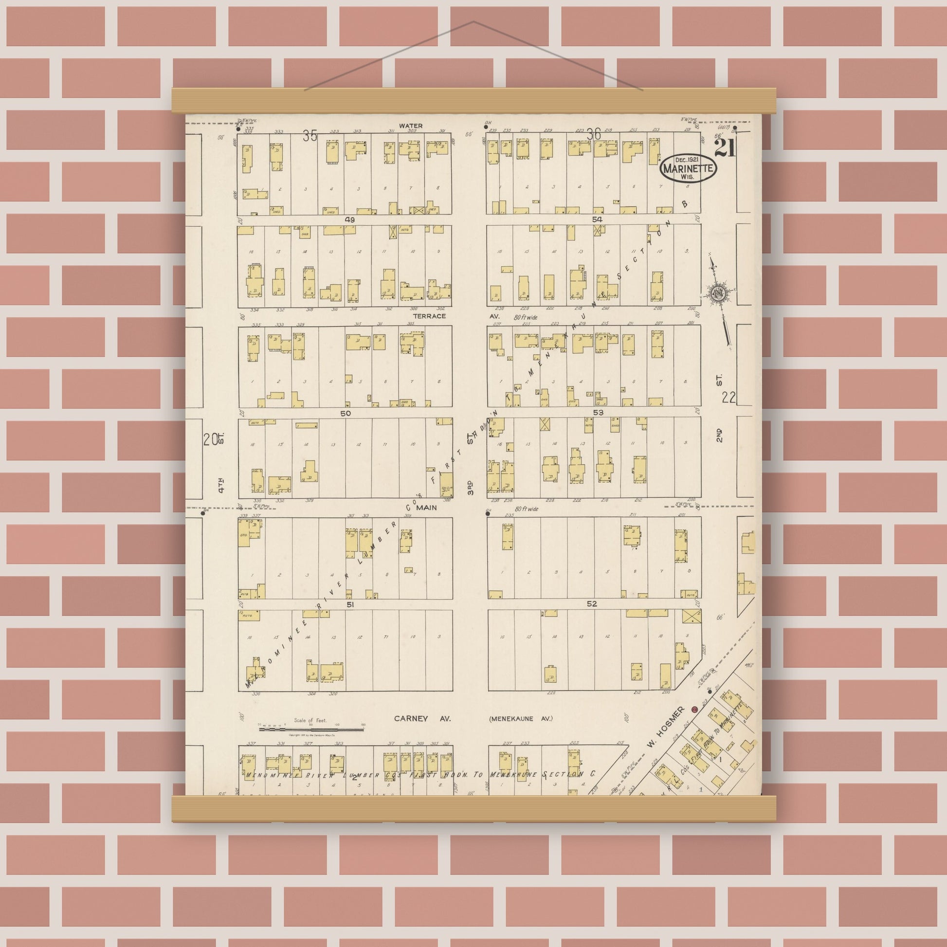 Old map wall art mockup — magnetic wood frame on brick wall — Sanborn Fire Insurance Map from Marinette, Marinette County, Wisconsin (1921), Sheet #0021