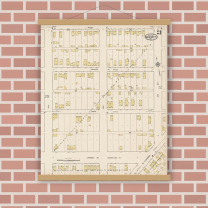 Old map wall art mockup — magnetic wood frame on brick wall — Sanborn Fire Insurance Map from Marinette, Marinette County, Wisconsin (1921), Sheet #0021