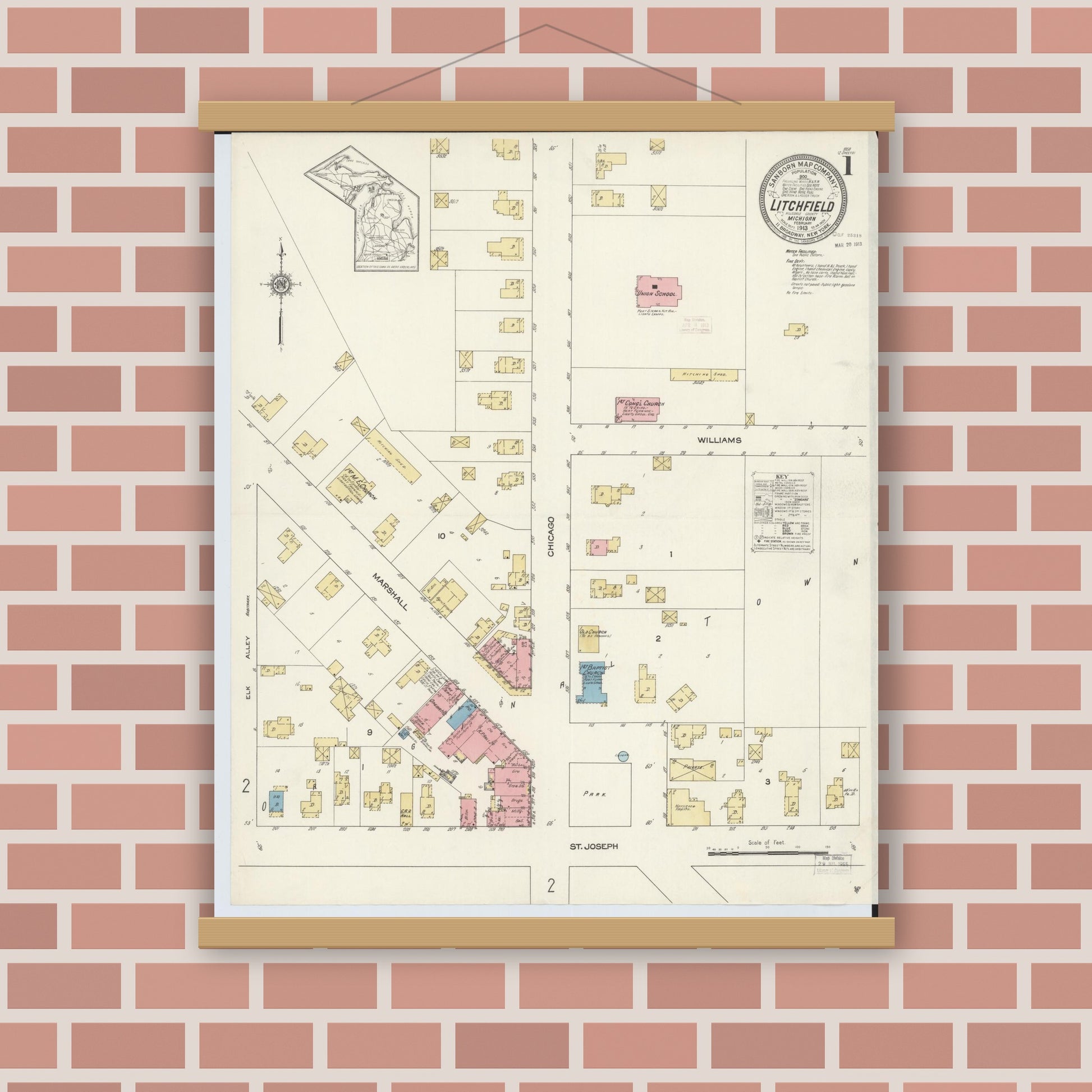 Old map wall art mockup — magnetic wood frame on brick wall — Sanborn Fire Insurance Map from Litchfield, Hillsdale County, Michigan (1913) - Complete Map Set