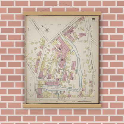 Old map wall art mockup — magnetic wood frame on brick wall — Sanborn Fire Insurance Map from Yonkers, Westchester County, New York (1886), Sheet #0019