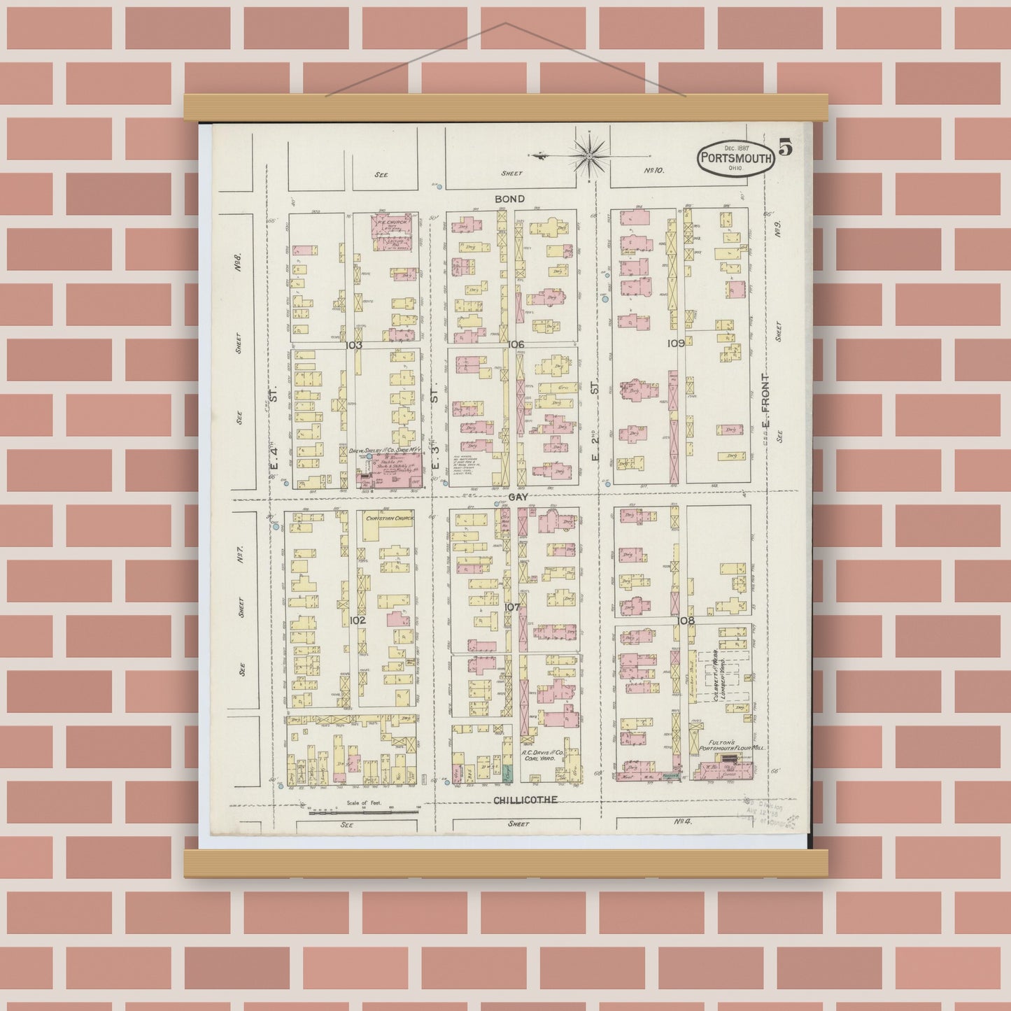 Old map wall art mockup — magnetic wood frame on brick wall — Sanborn Fire Insurance Map from Portsmouth, Scioto County, Ohio (1887), Sheet #0005