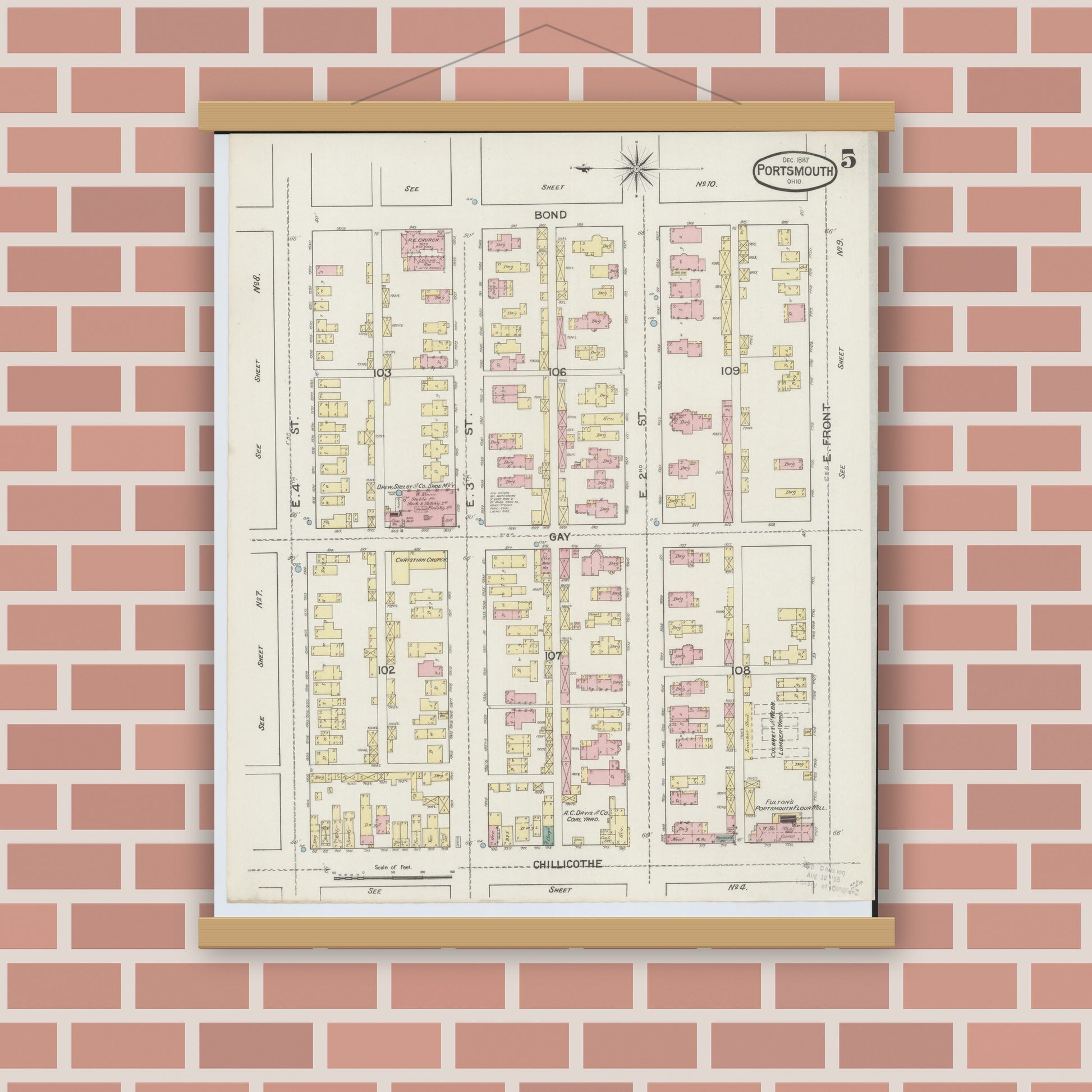 Old map wall art mockup — magnetic wood frame on brick wall — Sanborn Fire Insurance Map from Portsmouth, Scioto County, Ohio (1887), Sheet #0005