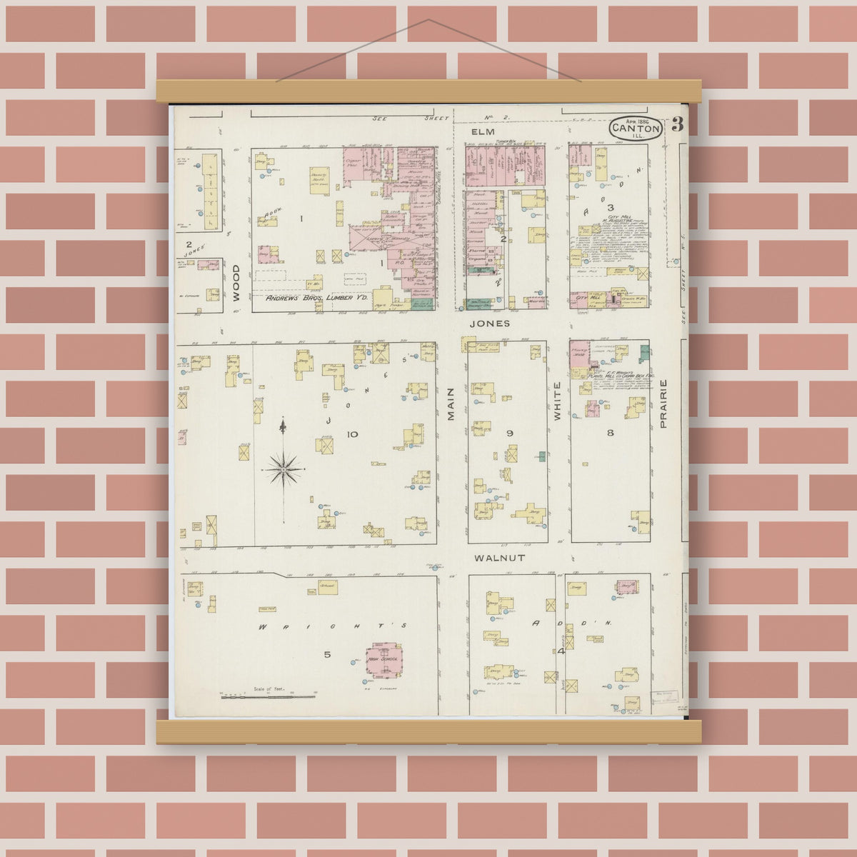 Old map wall art mockup — magnetic wood frame on brick wall — Sanborn Fire Insurance Map from Canton, Fulton County, Illinois (1886), Sheet #0003