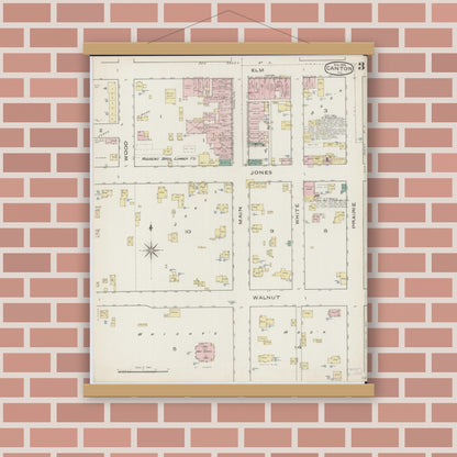 Old map wall art mockup — magnetic wood frame on brick wall — Sanborn Fire Insurance Map from Canton, Fulton County, Illinois (1886), Sheet #0003