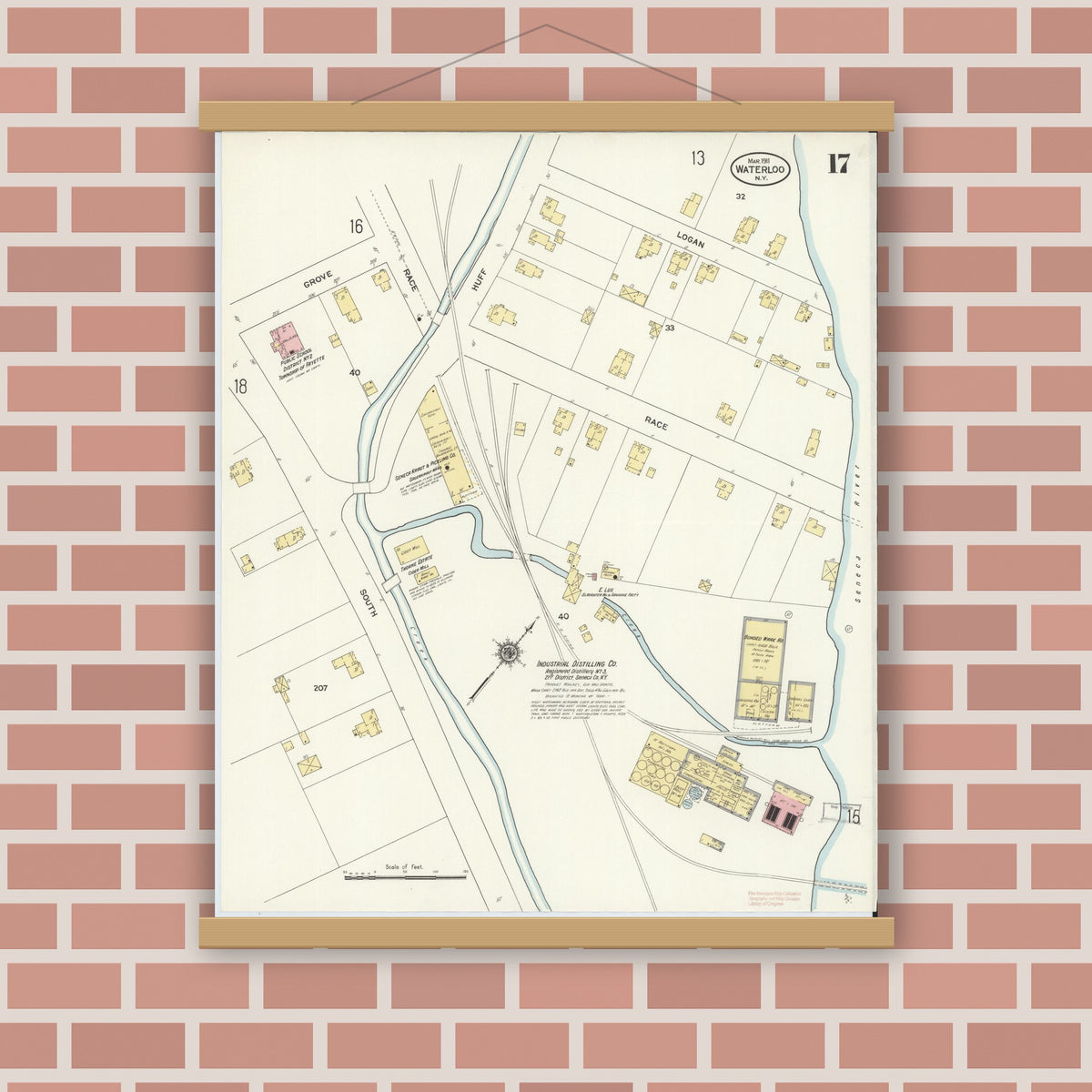 Old map wall art mockup — magnetic wood frame on brick wall — Sanborn Fire Insurance Map from Waterloo, Seneca County, New York (1911), Sheet #0017