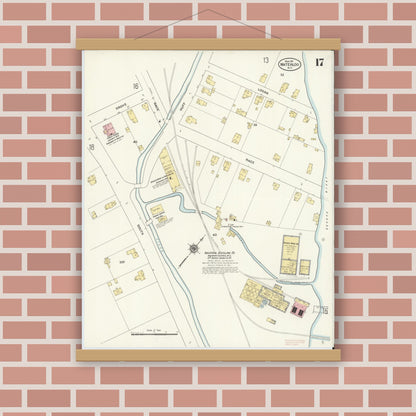 Old map wall art mockup — magnetic wood frame on brick wall — Sanborn Fire Insurance Map from Waterloo, Seneca County, New York (1911), Sheet #0017