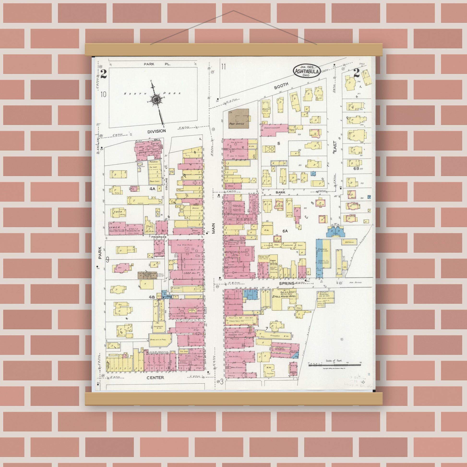 Old map wall art mockup — magnetic wood frame on brick wall — Sanborn Fire Insurance Map from Ashtabula, Ashtabula County, Ohio (1924), Sheet #0002