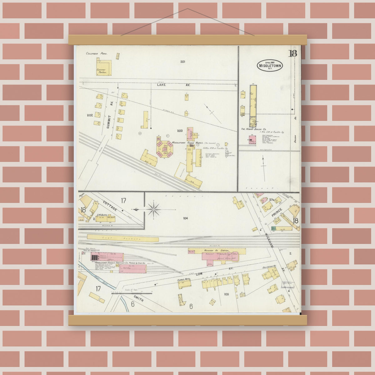 Old map wall art mockup — magnetic wood frame on brick wall — Sanborn Fire Insurance Map from Middletown, Orange County, New York (1897), Sheet #0018