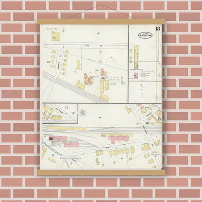 Old map wall art mockup — magnetic wood frame on brick wall — Sanborn Fire Insurance Map from Middletown, Orange County, New York (1897), Sheet #0018