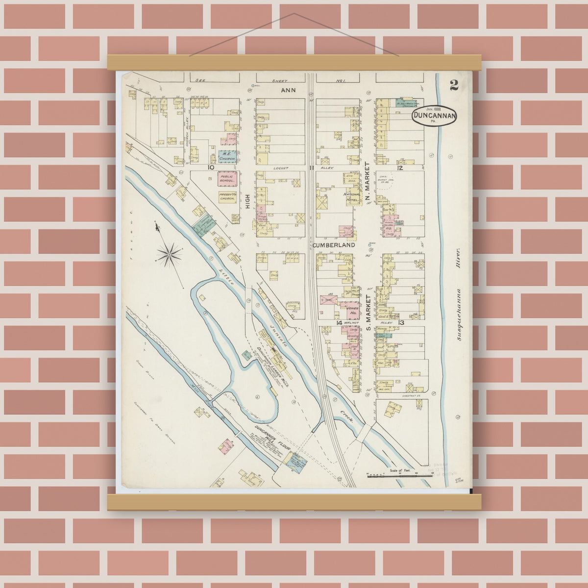 Old map wall art mockup — magnetic wood frame on brick wall — Sanborn Fire Insurance Map from Duncannon, Perry County, Pennsylvania (1888), Sheet #0002
