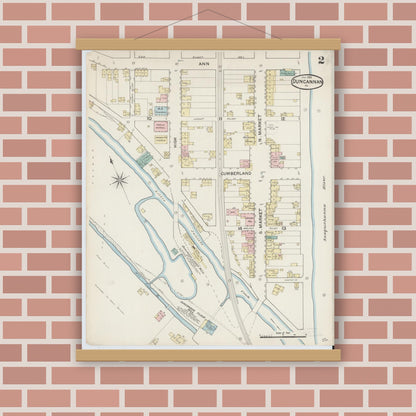 Old map wall art mockup — magnetic wood frame on brick wall — Sanborn Fire Insurance Map from Duncannon, Perry County, Pennsylvania (1888), Sheet #0002