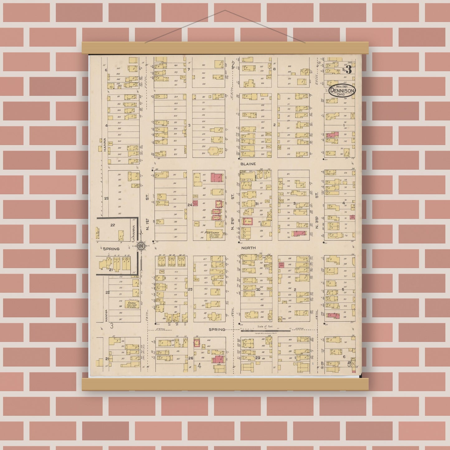 Old map wall art mockup — magnetic wood frame on brick wall — Sanborn Fire Insurance Map from Dennison, Tuscarawas County, Ohio (1921), Sheet #0003