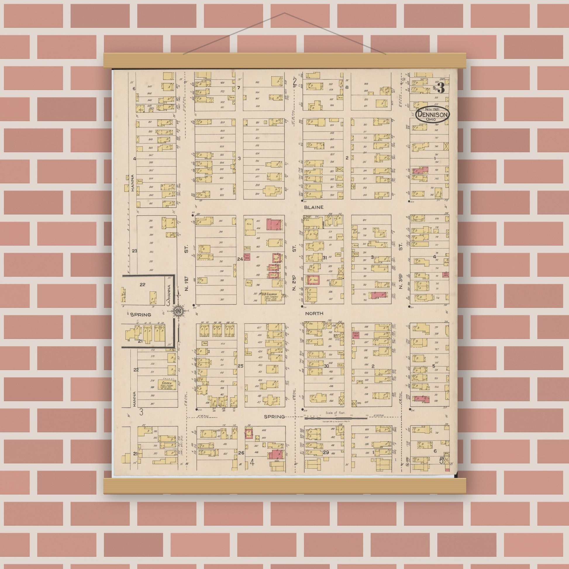 Old map wall art mockup — magnetic wood frame on brick wall — Sanborn Fire Insurance Map from Dennison, Tuscarawas County, Ohio (1921), Sheet #0003