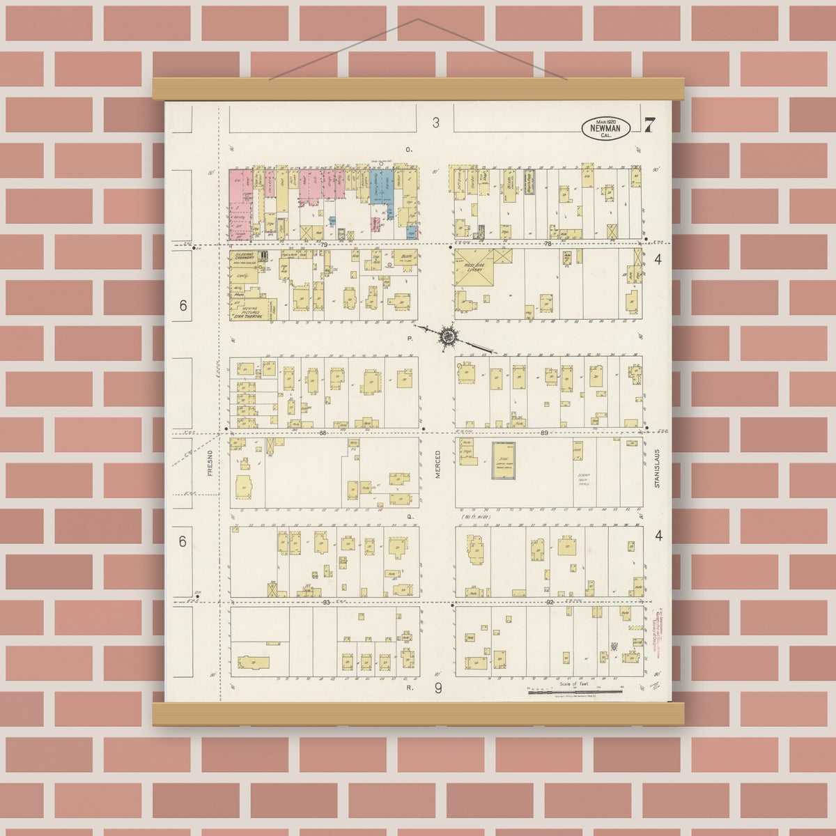 Old map wall art mockup — magnetic wood frame on brick wall — Sanborn Fire Insurance Map from Newman, Stanislaus County, California (1920), Sheet #0007
