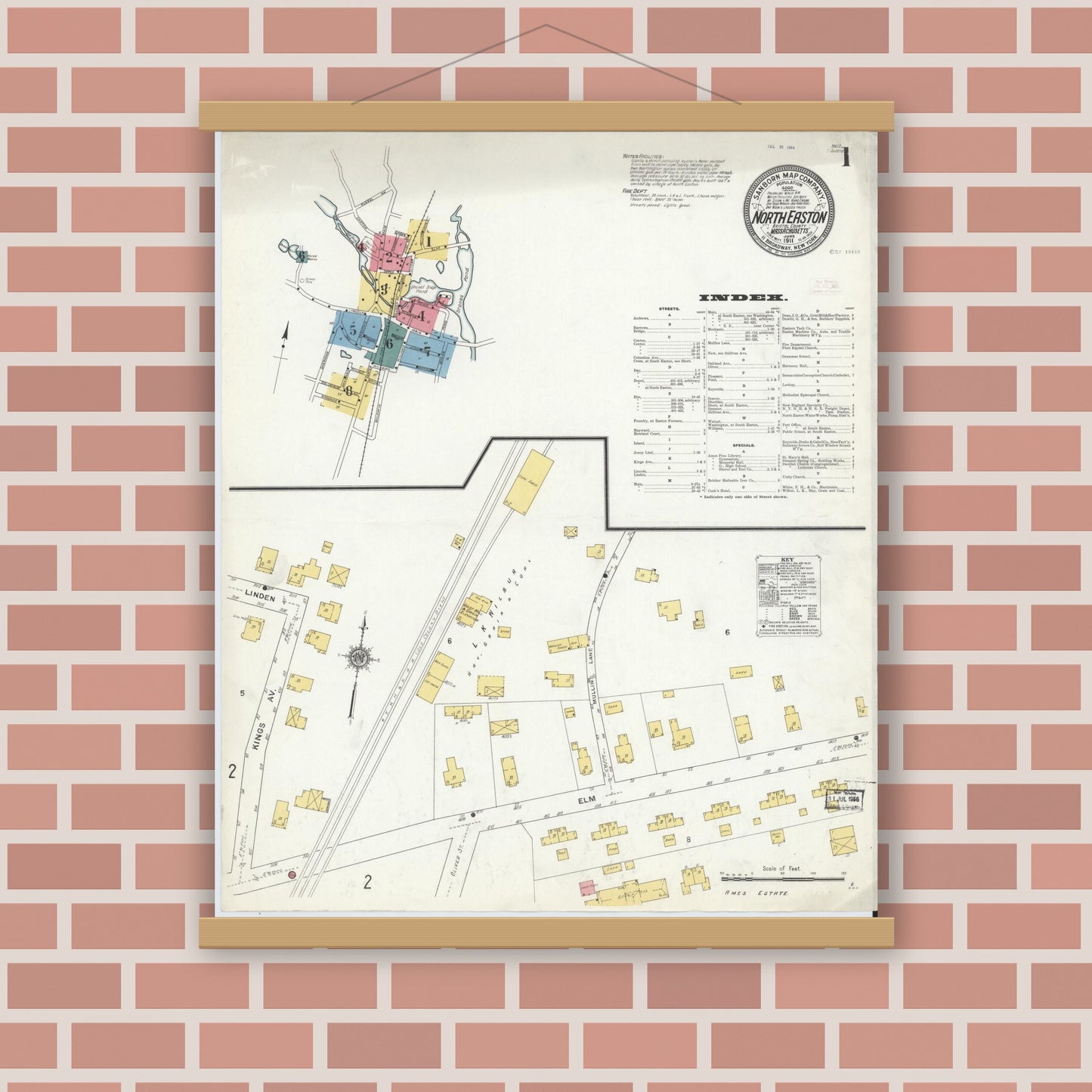 Old map wall art mockup — magnetic wood frame on brick wall — Sanborn Fire Insurance Map from North Easton, Bristol County, Massachusetts (1911) - Complete Map Set