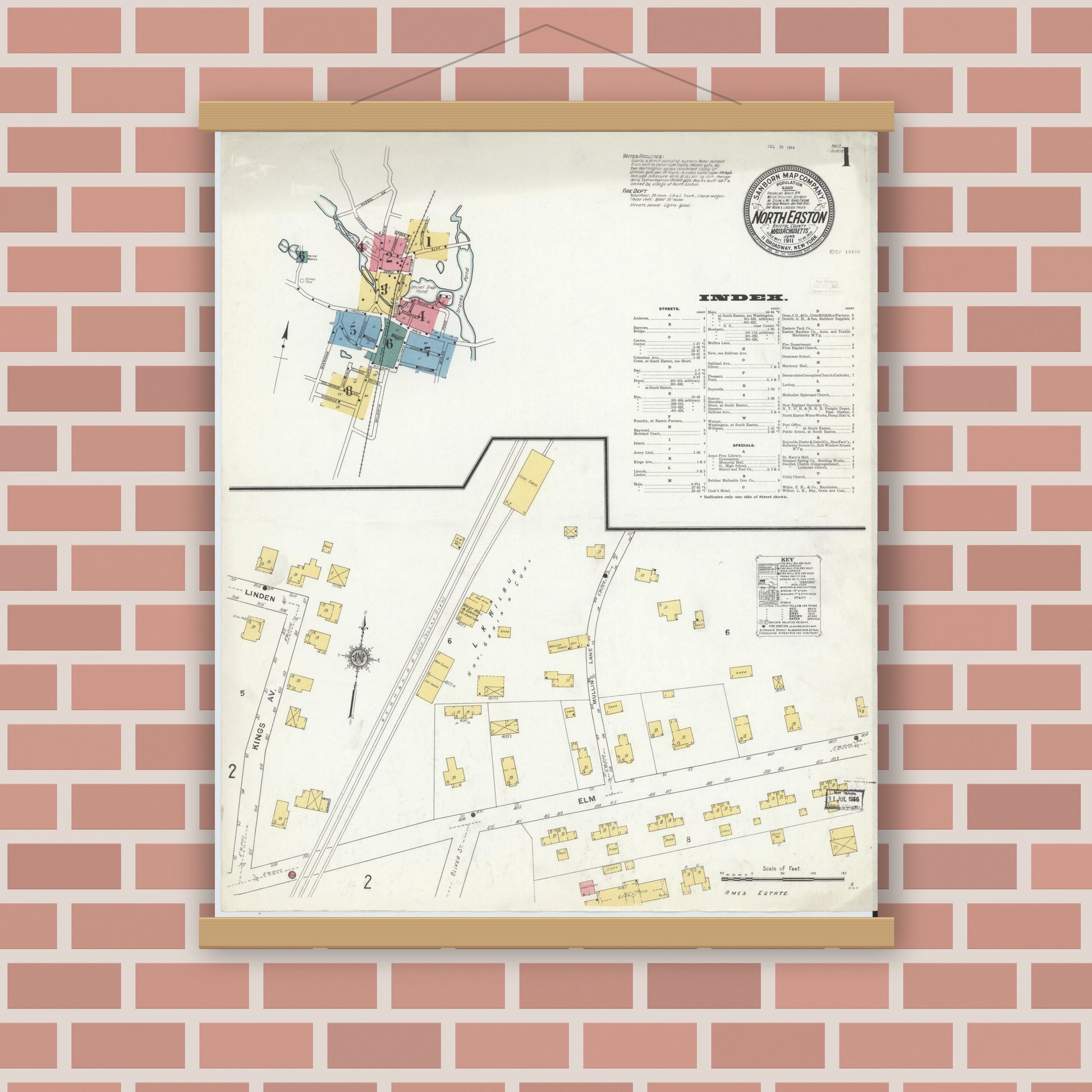 Old map wall art mockup — magnetic wood frame on brick wall — Sanborn Fire Insurance Map from North Easton, Bristol County, Massachusetts (1911) - Complete Map Set