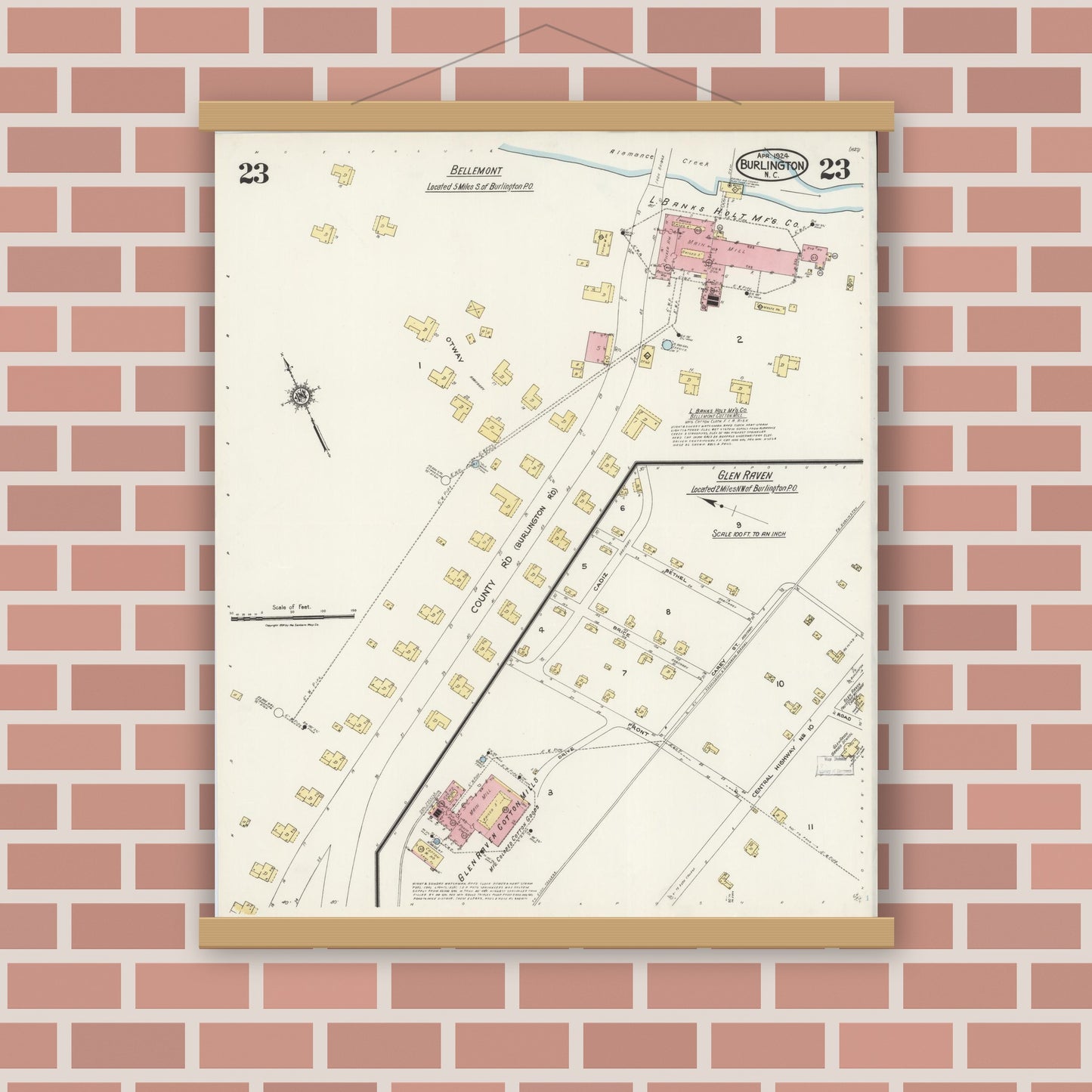 Old map wall art mockup — magnetic wood frame on brick wall — Sanborn Fire Insurance Map from Burlington, Alamance County, North Carolina (1924), Sheet #0023