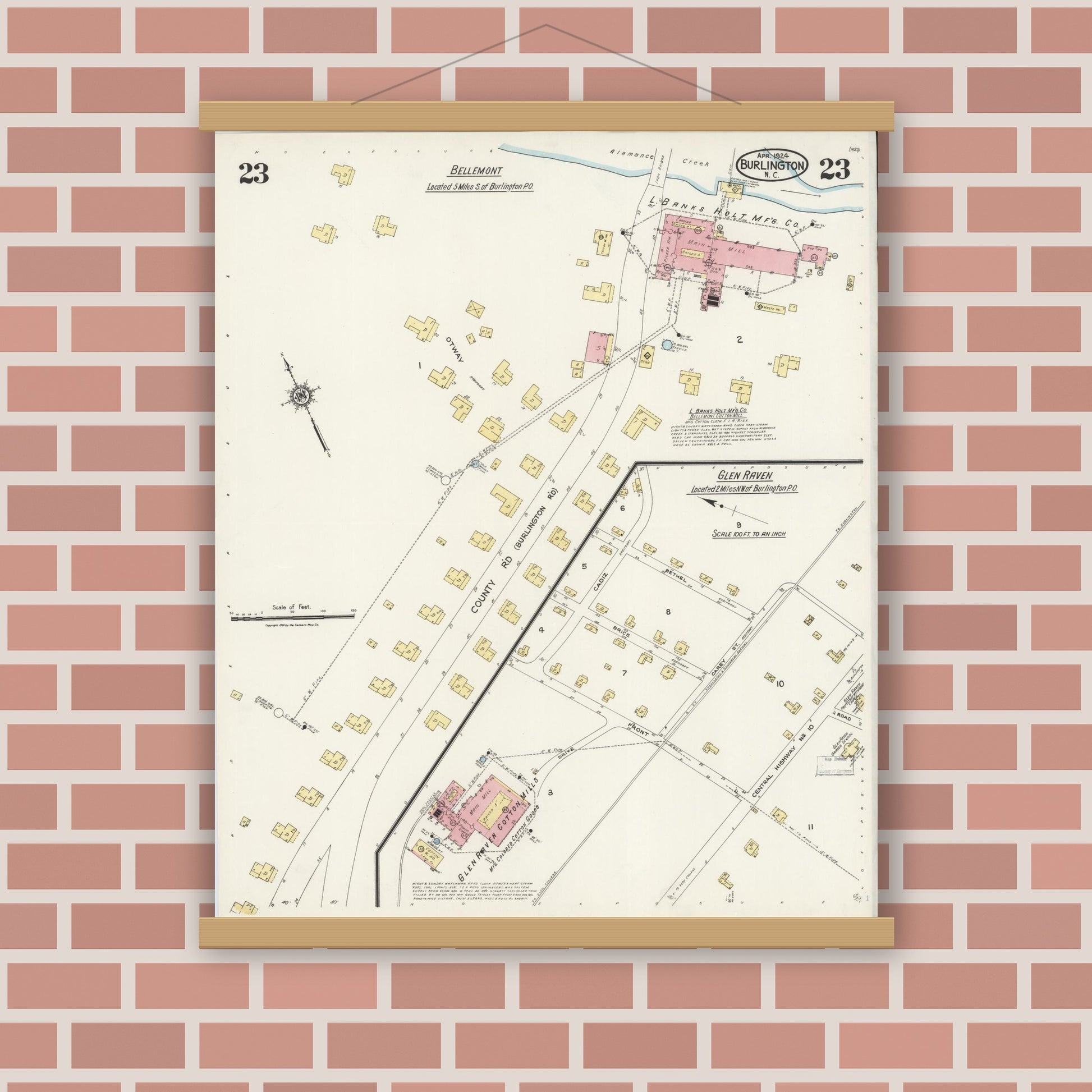 Old map wall art mockup — magnetic wood frame on brick wall — Sanborn Fire Insurance Map from Burlington, Alamance County, North Carolina (1924), Sheet #0023