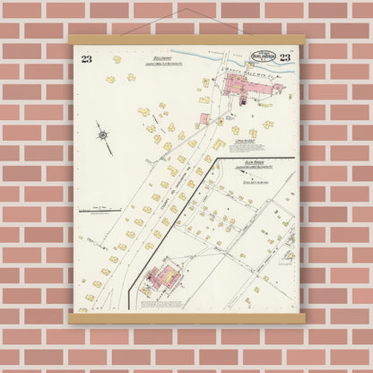 Old map wall art mockup — magnetic wood frame on brick wall — Sanborn Fire Insurance Map from Burlington, Alamance County, North Carolina (1924), Sheet #0023