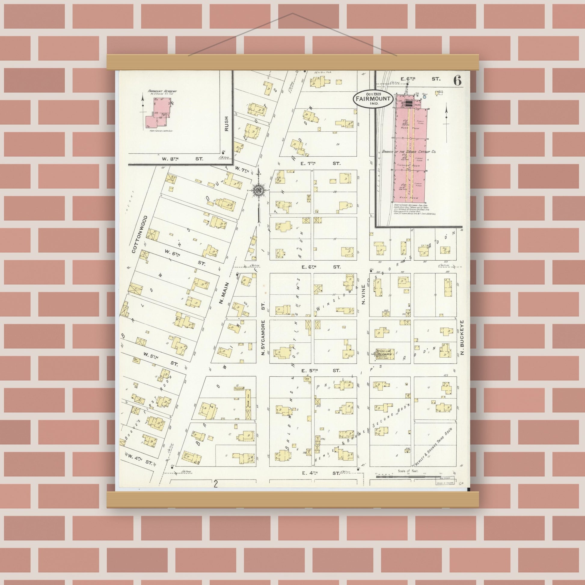Old map wall art mockup — magnetic wood frame on brick wall — Sanborn Fire Insurance Map from Fairmount, Grant County, Indiana (1909), Sheet #0006
