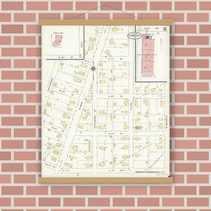 Old map wall art mockup — magnetic wood frame on brick wall — Sanborn Fire Insurance Map from Fairmount, Grant County, Indiana (1909), Sheet #0006