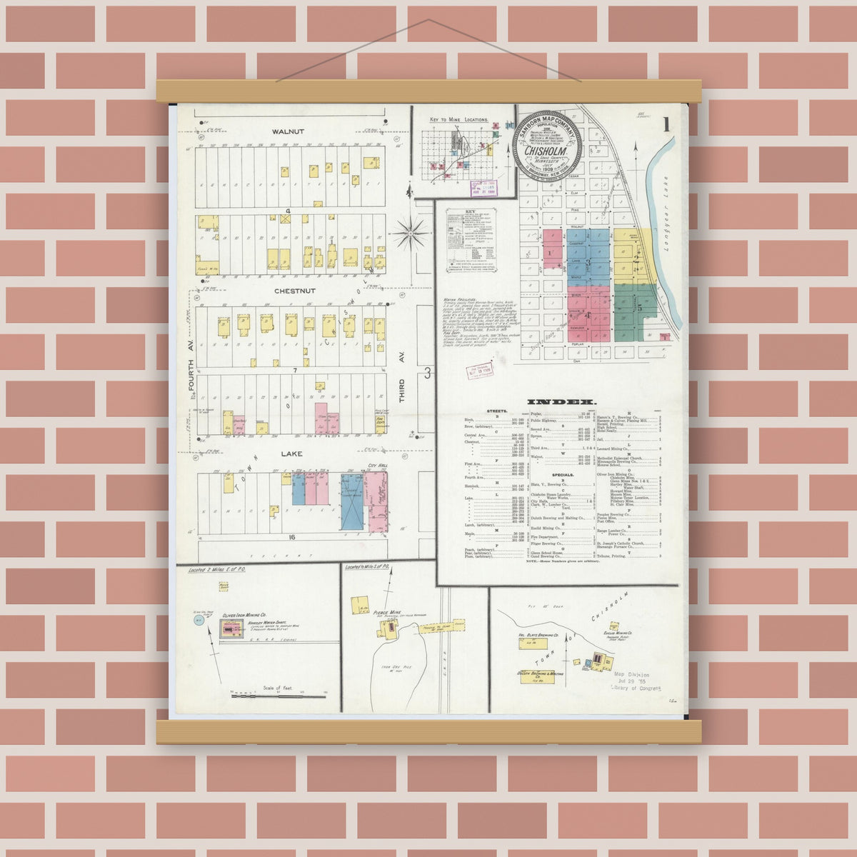 Old map wall art mockup — magnetic wood frame on brick wall — Sanborn Fire Insurance Map from Chisholm, Saint Louis County, Minnesota (1909) - Complete Map Set