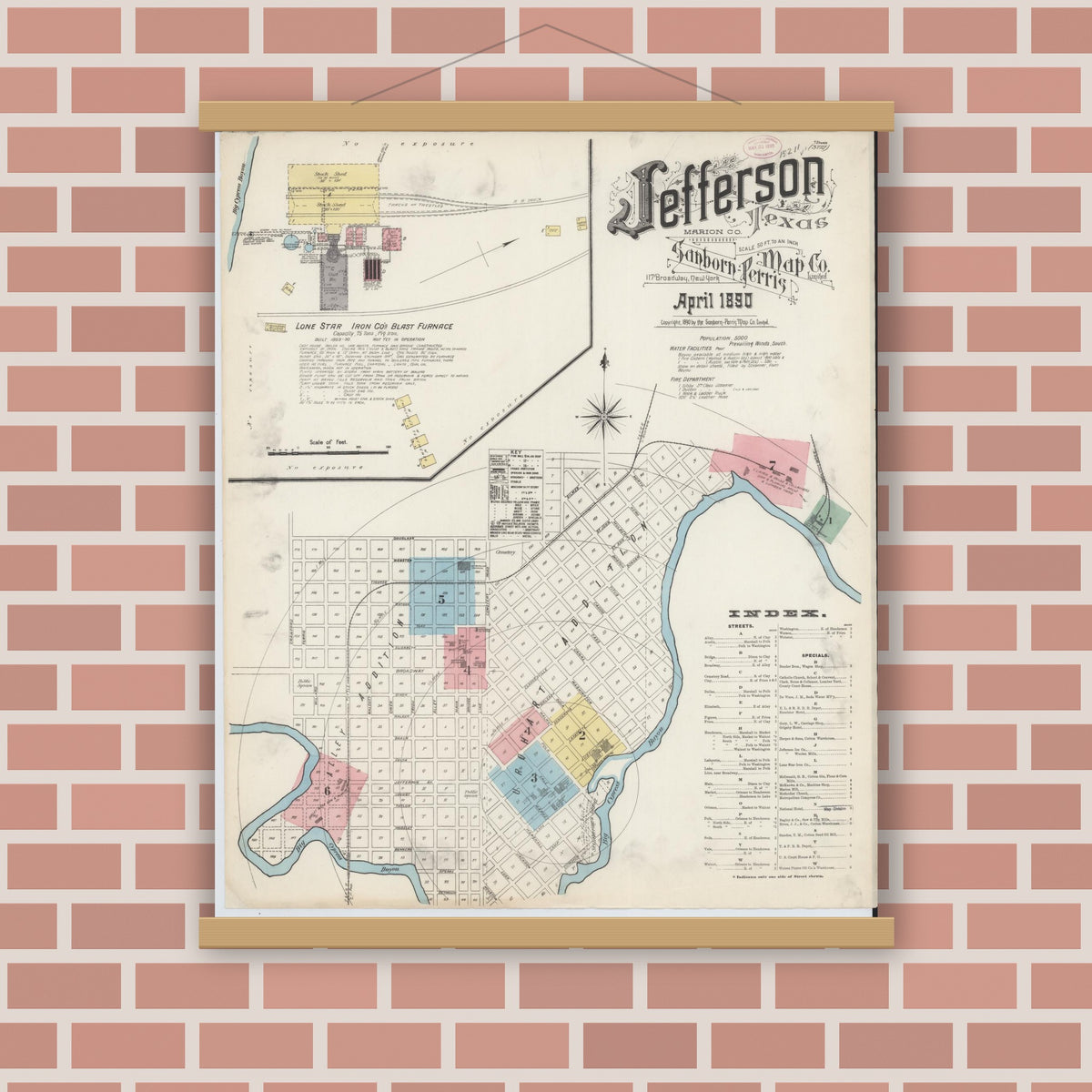 Old map wall art mockup — magnetic wood frame on brick wall — Sanborn Fire Insurance Map from Jefferson, Marion County, Texas (1890) - Complete Map Set