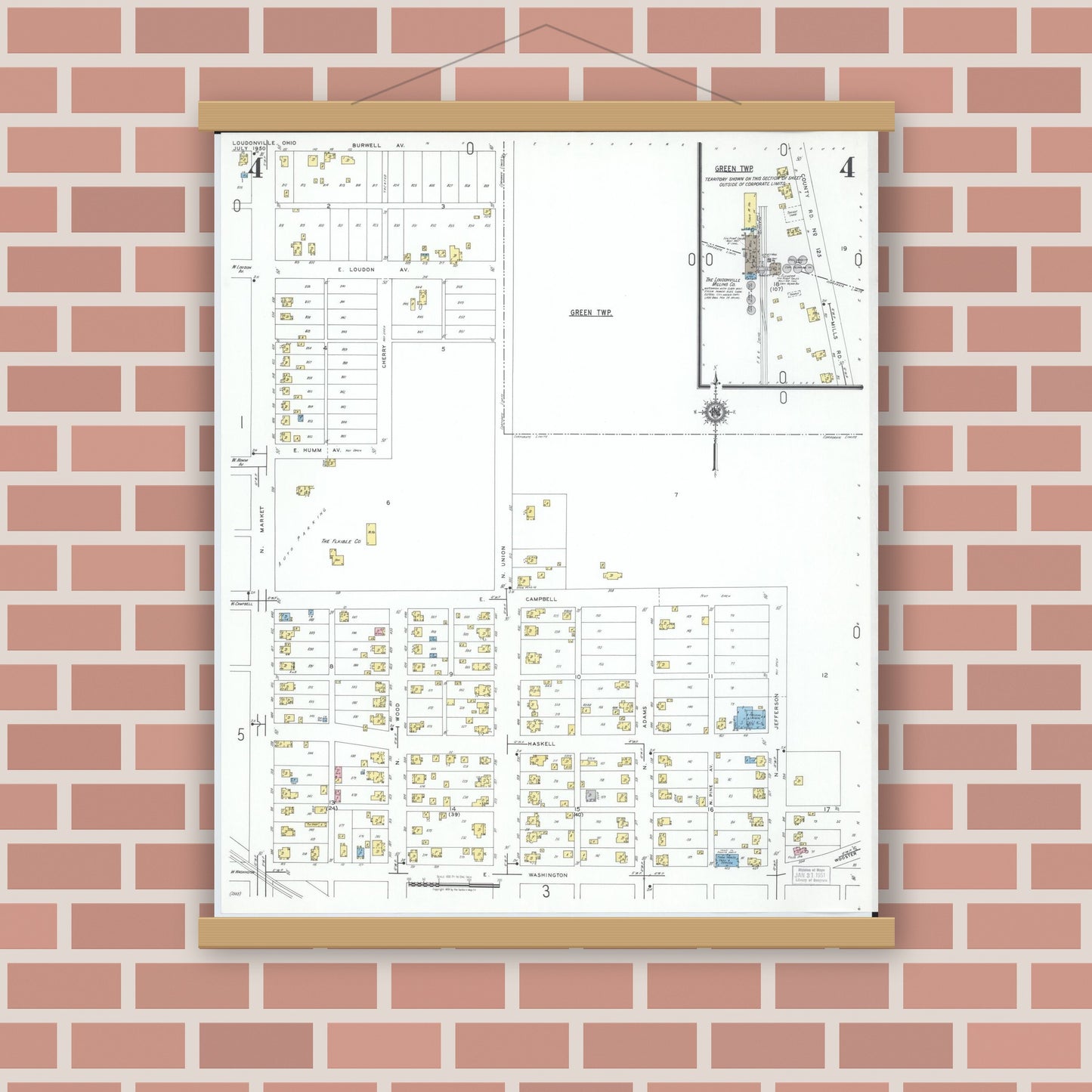 Old map wall art mockup — magnetic wood frame on brick wall — Sanborn Fire Insurance Map from Loudonville, Ashland County, Ohio (1950), Sheet #0004